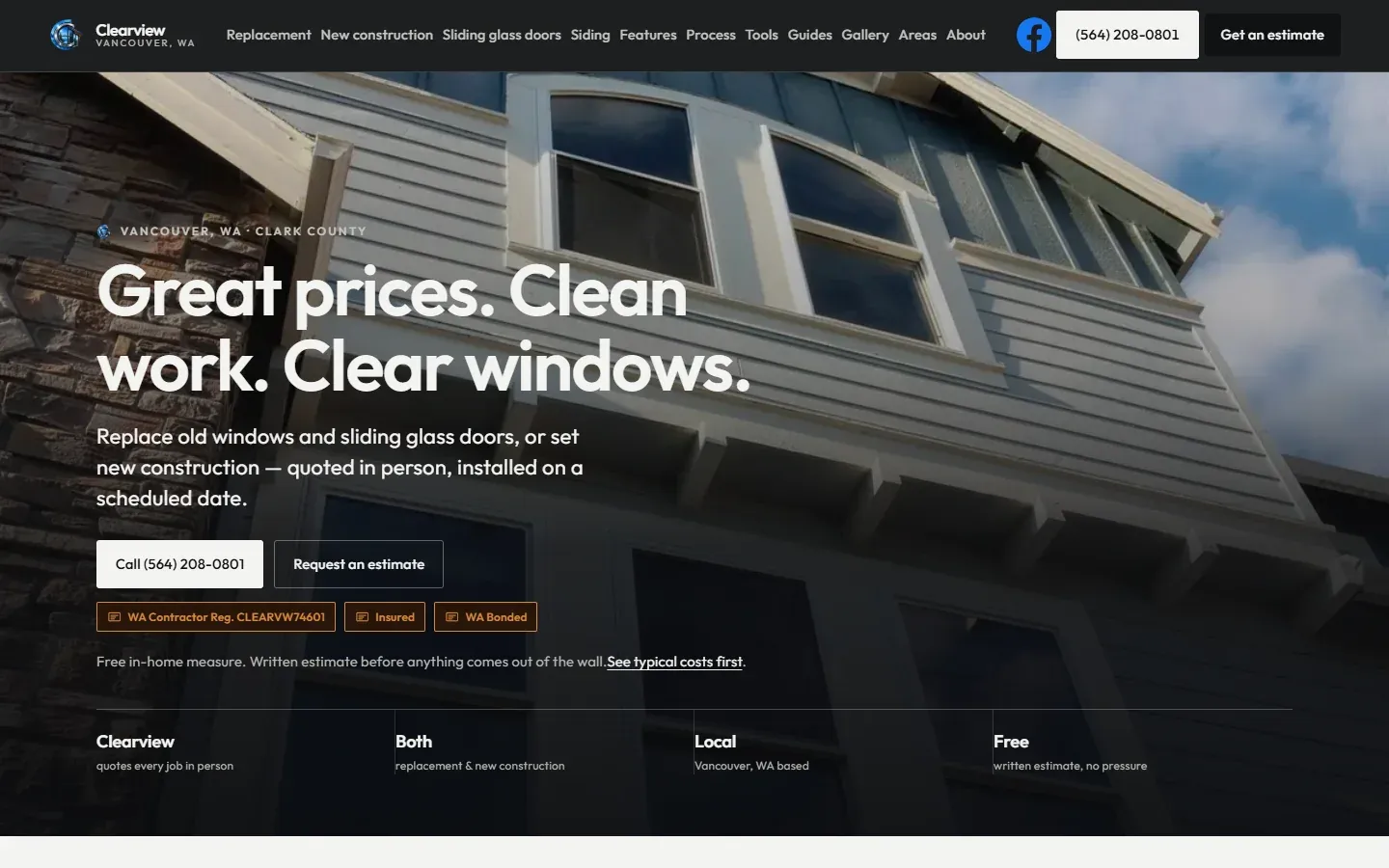 Clearview Windows homepage showing a stone craftsman house with new windows