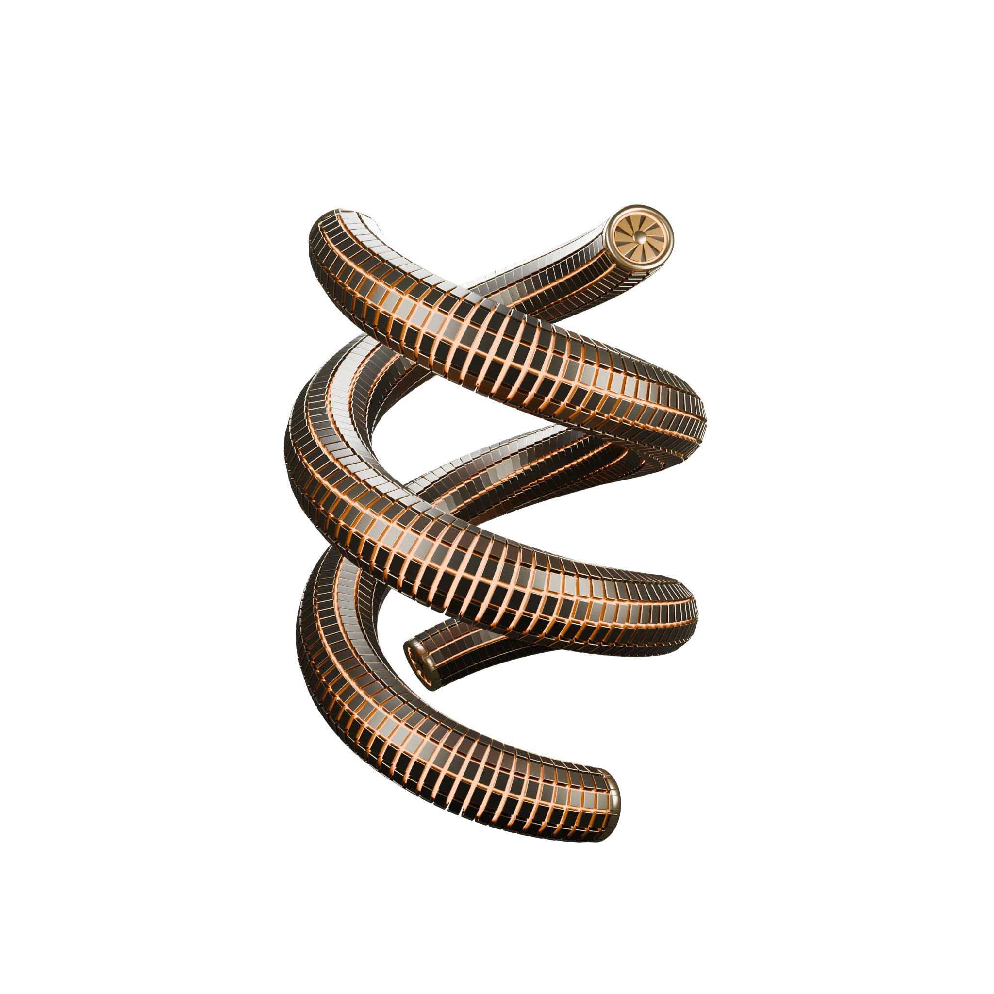 Two illuminated spirals of graphite and champagne tiles with sculpted closed ends