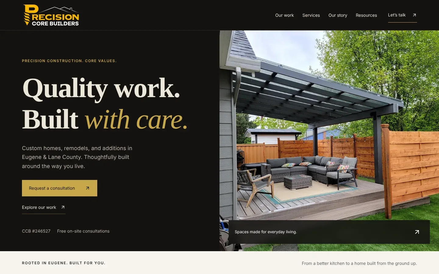 Precision Core Builders homepage with a covered patio project