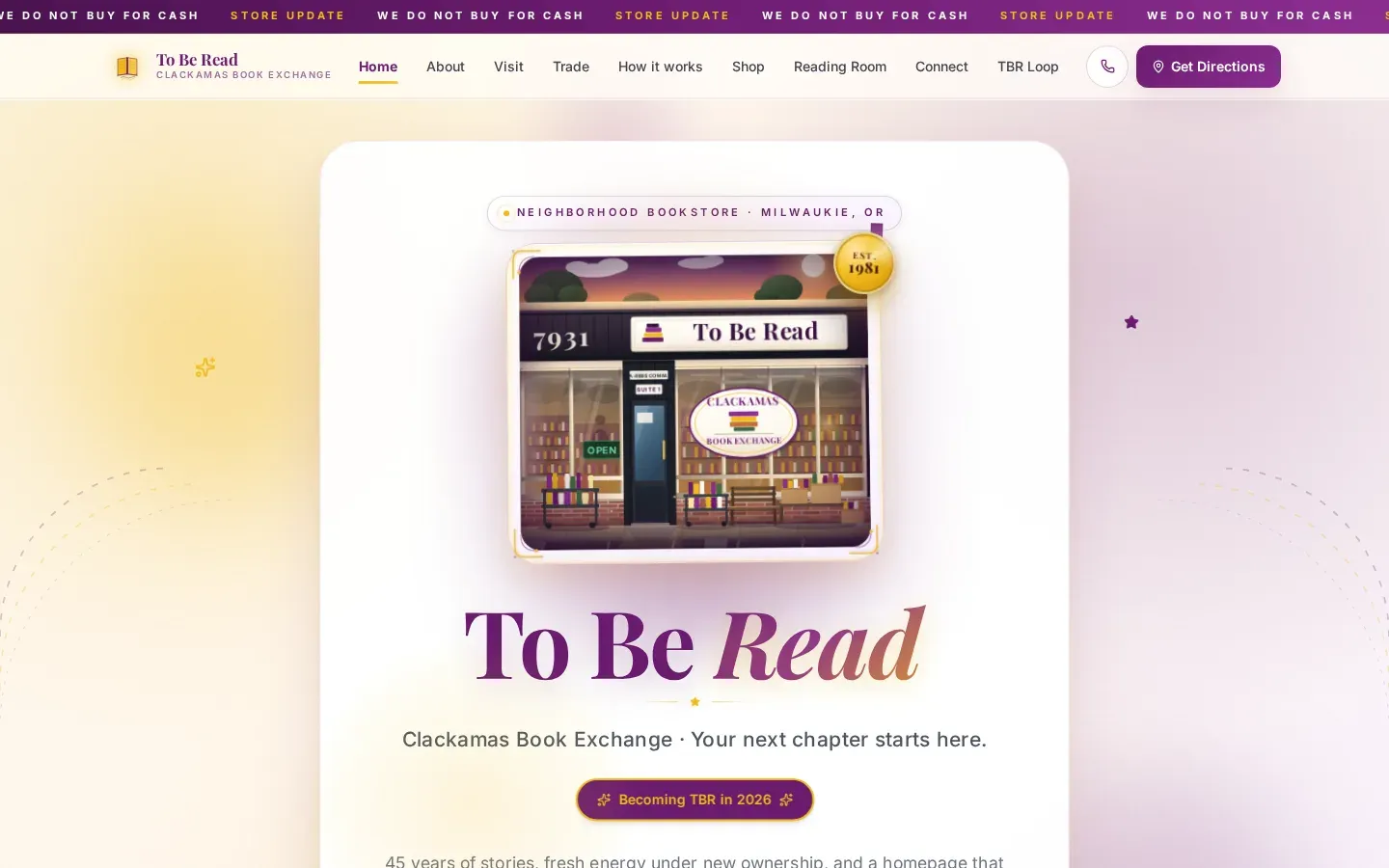 To Be Read bookstore homepage