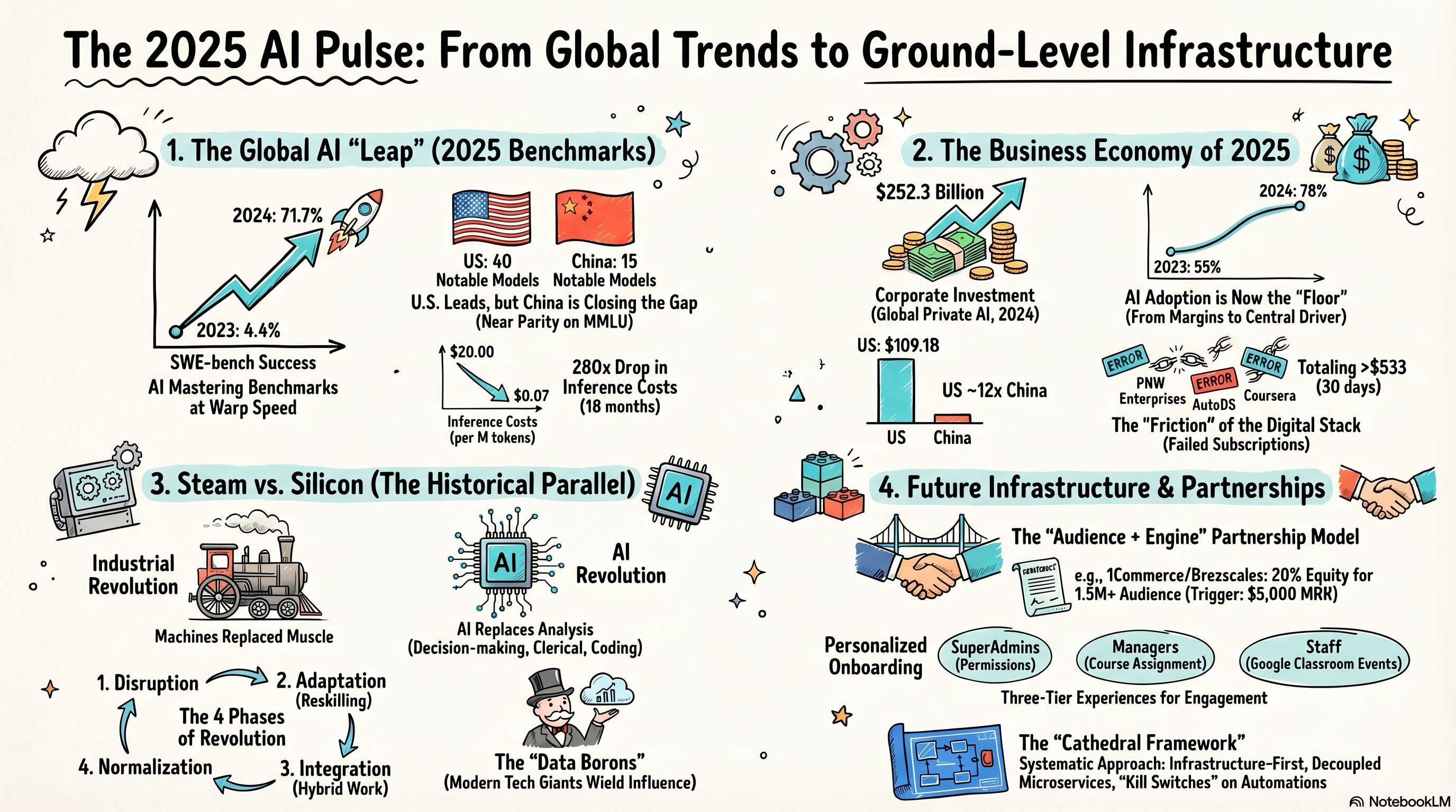 The 2025 AI Pulse: From Global Trends to Ground-Level Infrastructure — infographic covering compute costs, model commoditization, and solo-scale enterprise opportunity
