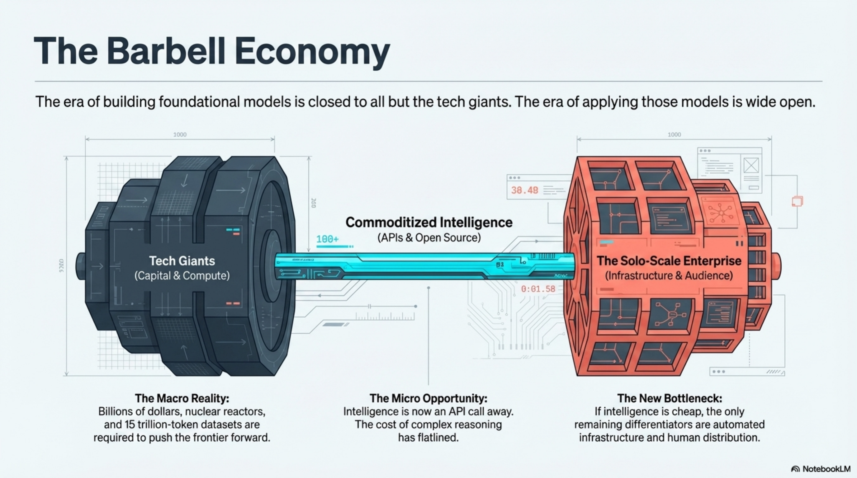 The Barbell Economy — Tech Giants, Commoditized Intelligence, Solo-Scale Enterprise